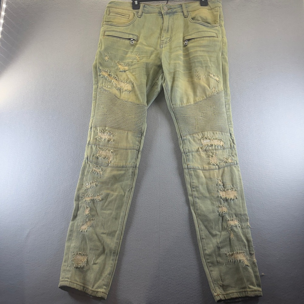 Embellish NYC Mens Distressed Moto Jeans Yellow Tint Light Wash Size 34
